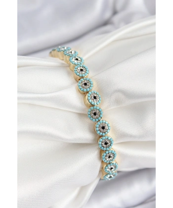 Pirinç Zirkon Taşlı Turkuaz Nazar Model Gold Renk Lastikli Kadın Bileklik