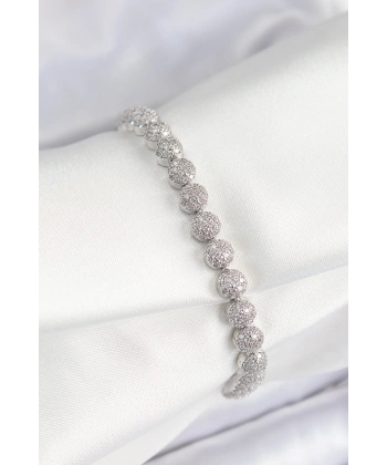 Pirinç Zirkon Taşlı Yarım Topcuk Model Gümüş Renk VIP Seri Kadın Bileklik