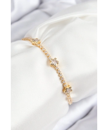Pirinç Zirkon Taşlı Yıldız Model Gold Renk Asansörlü Kadın Bileklik