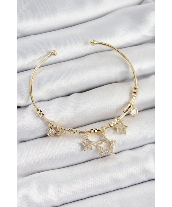 Pirinç Zirkon Taşlı Yıldız Model Gold Renk Charm Bileklik