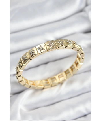 Pirinç Zirkon Taşlı Yıldız Model Gold Renk Lastikli Kadın Bileklik