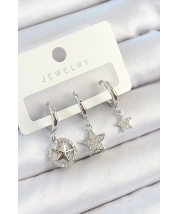 Pirinç Zirkon Taşlı Yıldız Model Gümüş Renk 3lü Çift Kadın Küpe Set