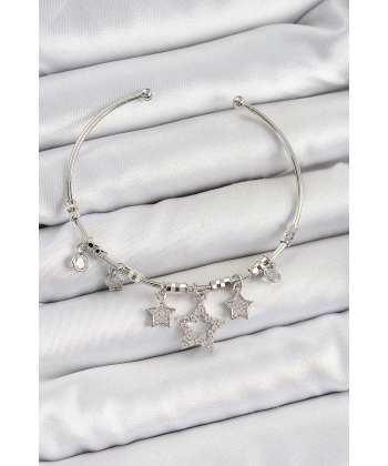 Pirinç Zirkon Taşlı Yıldız Model Gümüş Renk Charm Bileklik