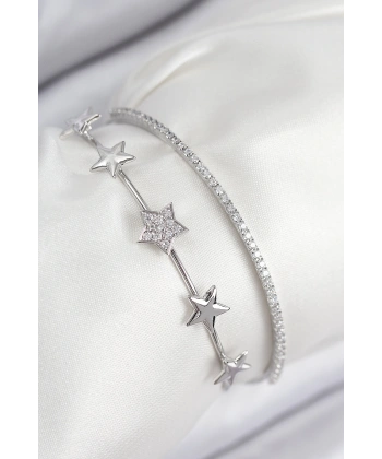 Pirinç Zirkon Taşlı Yıldız Model Gümüş Renk Kadın Bileklik