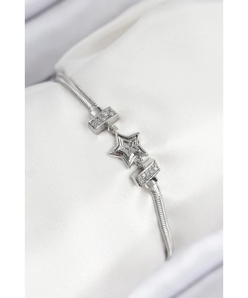 Pirinç Zirkon Taşlı Yıldız Model Gümüş Renk Kadın Bileklik