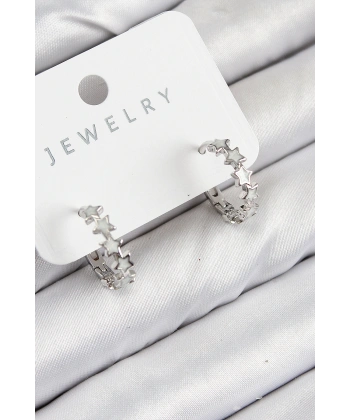 Pirinç Zirkon Taşlı Yıldız Model Gümüş Renk Kadın Küpe