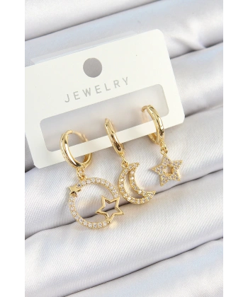 Pirinç Zirkon Taşlı Yıldız Ve Ay Model Gold Renk 3lü Kadın Küpe Set