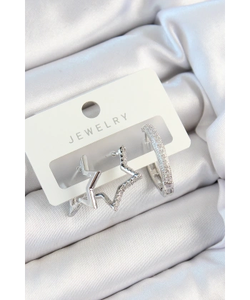 Pirinç Zirkon Taşlı Yıldız Ve Halka Model Gümüş Renk 3lü Çift Kadın Küpe Set