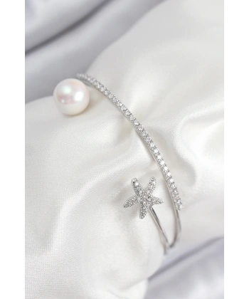 Pirinç Zirkon Taşlı Yıldız Ve İnci Model Gümüş Renk Kadın Bileklik