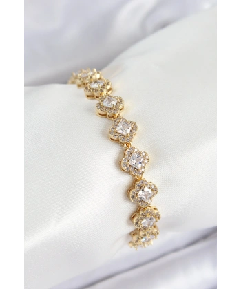 Pirinç Zirkon Taşlı Yonca Baget Model Gold Renk VIP Seri Kadın Bileklik