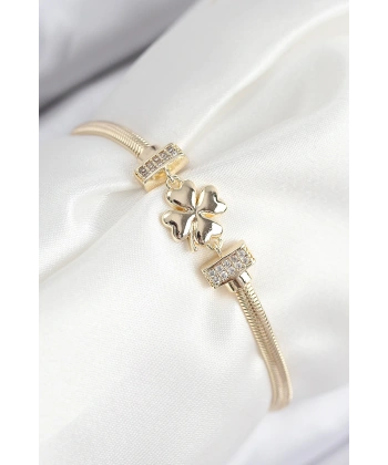 Pirinç Zirkon Taşlı Yonca Model Gold Renk Kadın Bileklik