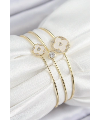 Pirinç Zirkon Taşlı Yonca Model Gold Renk Vip 3lü Kadın Bileklik