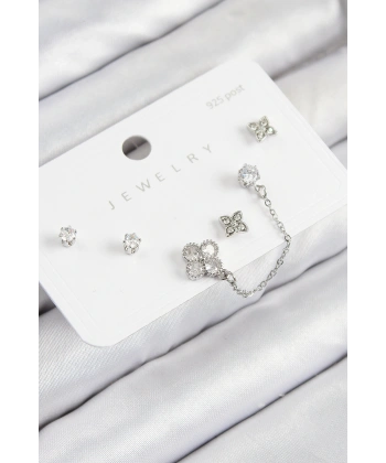 Pirinç Zirkon Taşlı Yonca Model Gümüş Renk 925 Ayar Gümüş Çivi Kadın Küpe Set