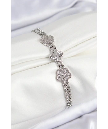 Pirinç Zirkon Taşlı Yonca Model Gümüş Renk Kadın Bileklik