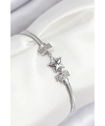 Pirinç Zirkon Taşlı Yonca Model Gümüş Renk Kadın Bileklik