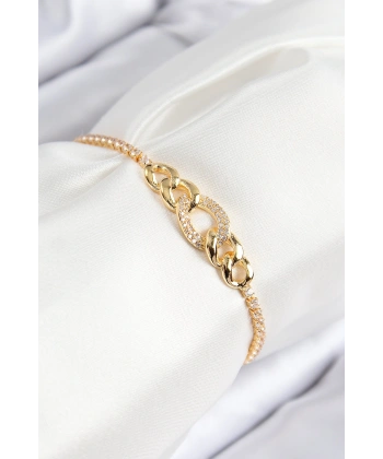 Pirinç Zirkon Taşlı Zincir Model Gold Renk Asansörlü Kadın Bileklik