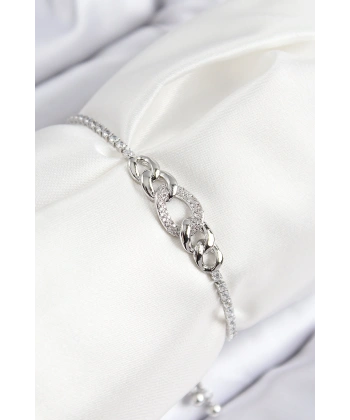 Pirinç Zirkon Taşlı Zincir Model Gümüş Renk Asansörlü Kadın Bileklik