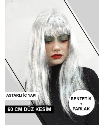 Platin Gri Gümüş Renk Uzun Parti Peruğu Uzun Takma Peruk