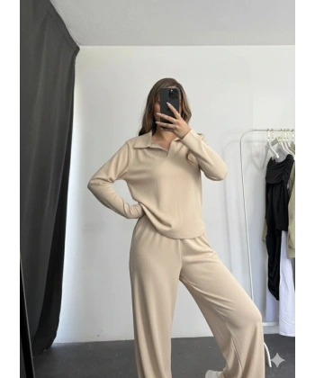 Polo yaka alt üst kollu modal takım bej pt
