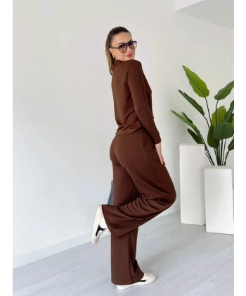 Polo yaka alt üst kollu modal takım kahve pt