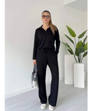 Polo yaka alt üst kollu modal takım siyah pt