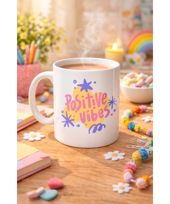 Positive Vibes Porselen Kupa MODEL 138 – Renkli Tasarım Motivasyon Kupası – Pozitif Enerji Veren Kahve & Çay Kupası