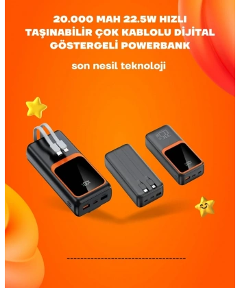 Powerbank 20000 mAh | 22.5W Hızlı Şarj, Dahili Kablolu, LCD Ekranlı Şarj Cihazı