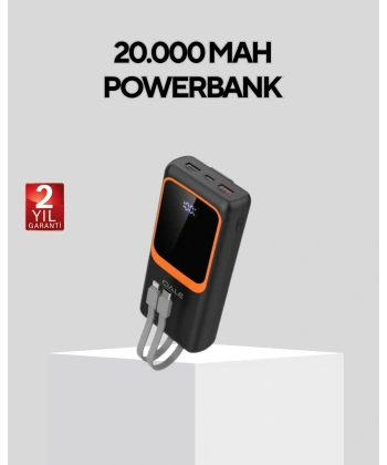 Powerbank 20000 mAh Dijital Ekranlı ve Çok Kablolu Hızlı Şarj Cihazı