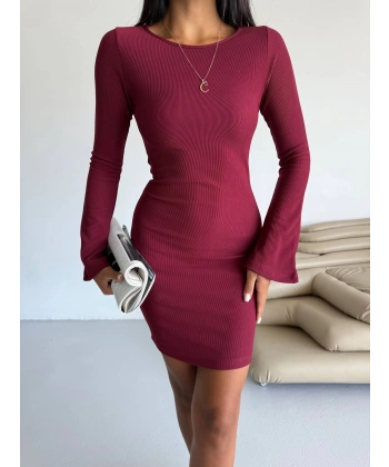 Prenses kol esnek kumaş elbise bordo f2334