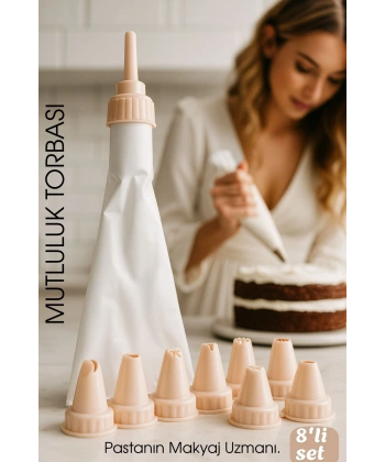 Profesyonel 8'li Krema Sıkma Torbası Seti | Pastacılık Dekorasyon Uçları ve Fırfır Başlıkları