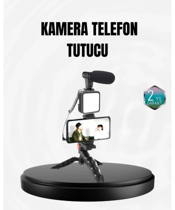 Profesyonel Vlog Çekim Kiti LED Işıklı Tripod Mikrofonlu Telefon Seti