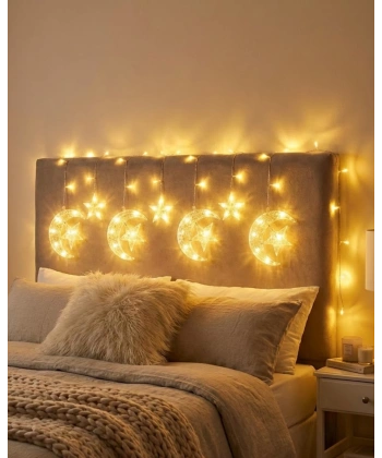 Ramazan İçin Hilal Yıldız Işık Zinciri Yanıp Sönen ve Sabit Modlu