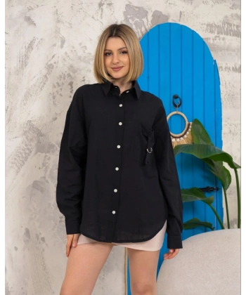 Relax fit keten gömlek siyah s255349