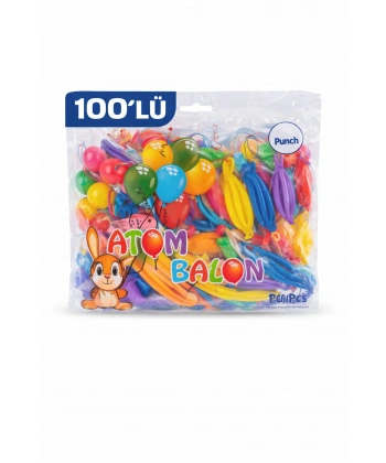 Renkli Atom Balon Punch Balon Lastik İpli Parti Balonu 100 ADET