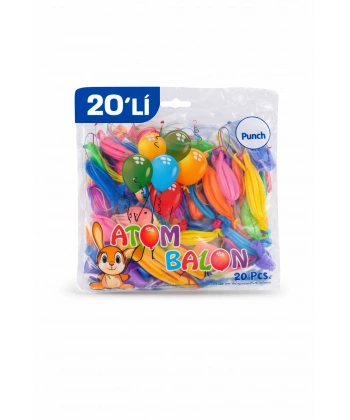 Renkli Atom Balon Punch Balon Lastik İpli Parti Balonu 20 ADET