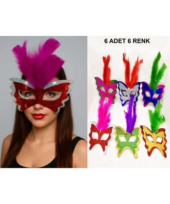 Renkli Parti Maskesi 6lı | Tüylü Karton Maske Seti (Lastikli)