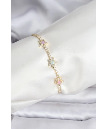 Renkli Yıldız Model Zirkon Taşlı Gold Renk Pirinç Su Yolu Kadın Bileklik