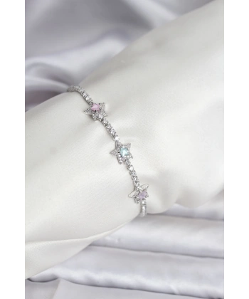 Renkli Yıldız Model Zirkon Taşlı Gümüş Renk Pirinç Su Yolu Kadın Bileklik