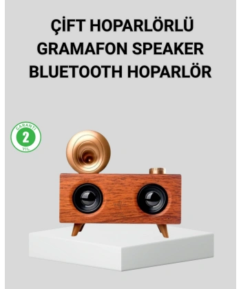 Retro Gramafon Bluetooth Hoparlör Çift Stereo Sesli FM Radyo Destekli