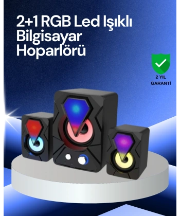 RGB LED Işıklı 2.1 USB Oyun Hoparlörü Derin Bas ve Net Ses