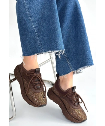 Rimay Kahverengi Cilt Boncuk İşlemeli Spor Ayakkabı