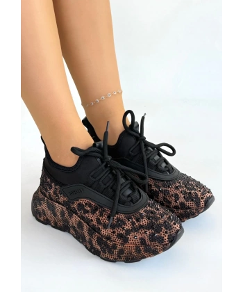 Rimay Kahverengi Leopar Boncuk İşlemeli Spor Ayakkabı