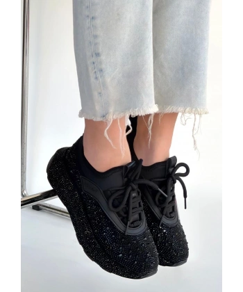 Rimay Siyah Cilt Boncuk İşlemeli Spor Ayakkabı