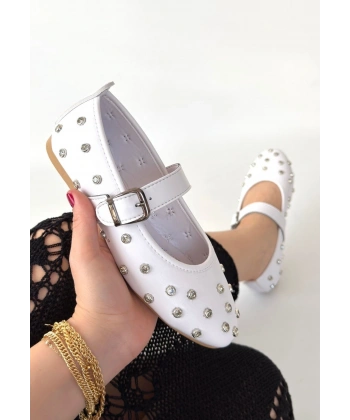 Ritta Beyaz Cilt Kemerli Babet Ayakkabı