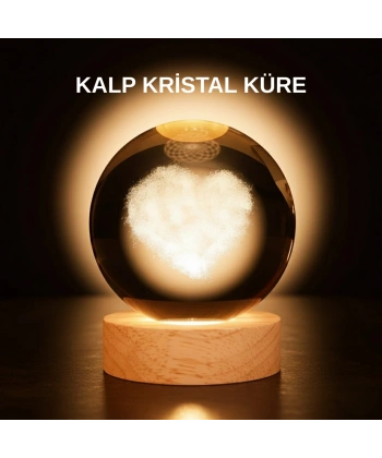 Romantik Kalpli Kristal Cam Küre USB’li Işıklı Dekoratif Obje