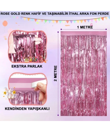 Rose Gold Renk Ekstra Metalize Parlak Saçaklı Arka Fon Perde İthal A Kalite 1x2 Metre