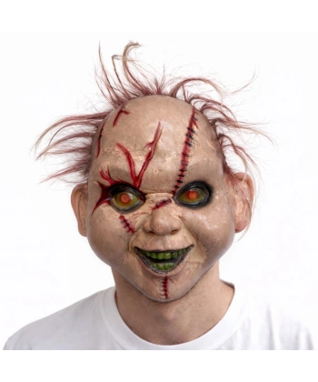 Saçlı Çaki Yeşil Göz Korku Maskesi – Gerçekçi Dikişli ve Detaylı Maske