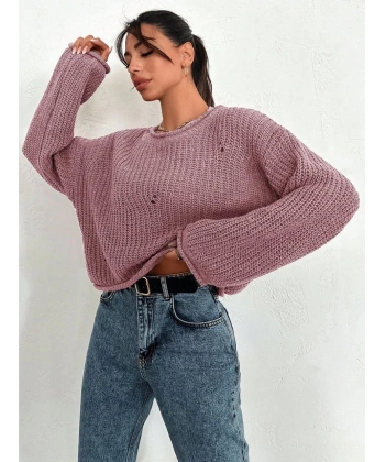 Salaş delik detaylı kazak pembe