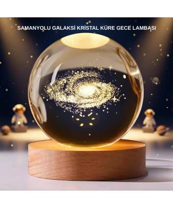 Samanyolu Desenli Kristal Küre Ahşap Standlı Gün Işığı LED Masa Lambası
