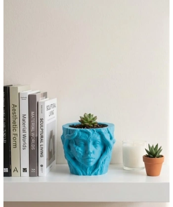 Sanatsal Kadın Yüzü Ağaç Detaylı 3D Baskı Dekoratif Vazo Saksı